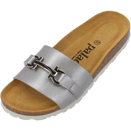 Palado Pantolette Damen Laudra - bequeme Sandalen Made in Spain - Hausschuhe mit dämpfendem Kork-Fußbett - modische Sommerschuhe Grau Metallic UK8 - EU41 von Palado