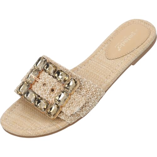 Palado Pantoletten Damen Adhana by Sila Sahin - bequeme Sandalen mit Glitzerschnalle - elegante Hausschuhe - modische Sommerschuhe Beige UK5,5 - EU38 von Palado