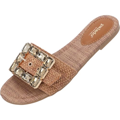 Palado Pantoletten Damen Adhana by Sila Sahin - bequeme Sandalen mit Glitzerschnalle - elegante Hausschuhe - modische Sommerschuhe Braun UK8 - EU41 von Palado