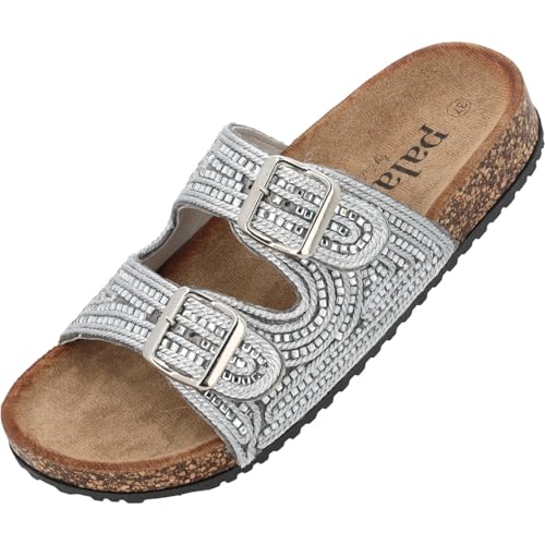 Palado Pantoletten Damen Aejyre by Sila Sahin - bequeme Sandalen - Hausschuhe mit Perlenverzierungen - modische Sommerschuhe Silber UK6 - EU39 von Palado
