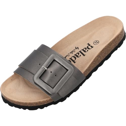 Palado Pantoletten Damen Arrus by Sila Sahin - elegante Sandalen Made in Spain - bequeme Hausschuhe mit Kork-Fußbett - modische Sommerschuhe Anthrazit Metallic UK8 - EU41 von Palado