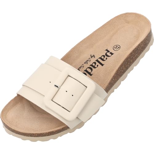 Palado Pantoletten Damen Arrus by Sila Sahin - elegante Sandalen Made in Spain - bequeme Hausschuhe mit Kork-Fußbett - modische Sommerschuhe Beige UK7 - EU40 von Palado
