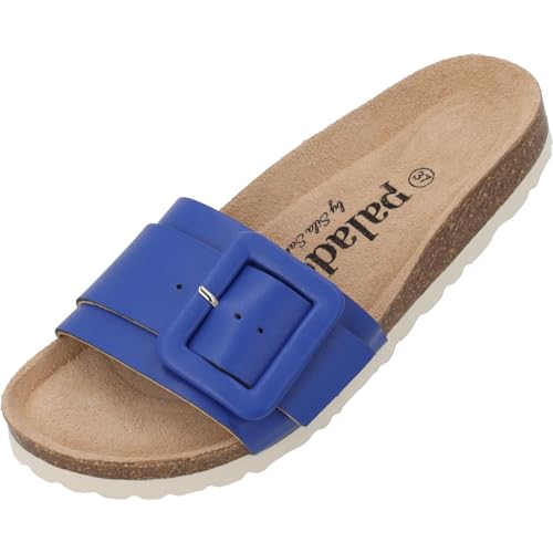 Palado Pantoletten Damen Arrus by Sila Sahin - elegante Sandalen Made in Spain - bequeme Hausschuhe mit Kork-Fußbett - modische Sommerschuhe Blau UK7 - EU40 von Palado