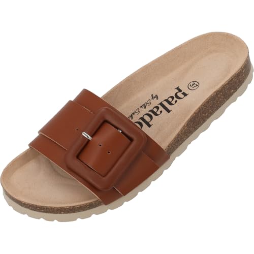 Palado Pantoletten Damen Arrus by Sila Sahin - elegante Sandalen Made in Spain - bequeme Hausschuhe mit Kork-Fußbett - modische Sommerschuhe Braun UK8 - EU41 von Palado