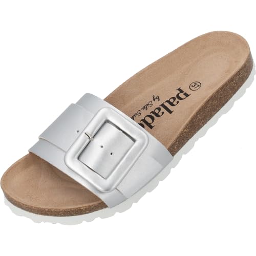 Palado Pantoletten Damen Arrus by Sila Sahin - elegante Sandalen Made in Spain - bequeme Hausschuhe mit Kork-Fußbett - modische Sommerschuhe Silber Metallic UK6 - EU39 von Palado