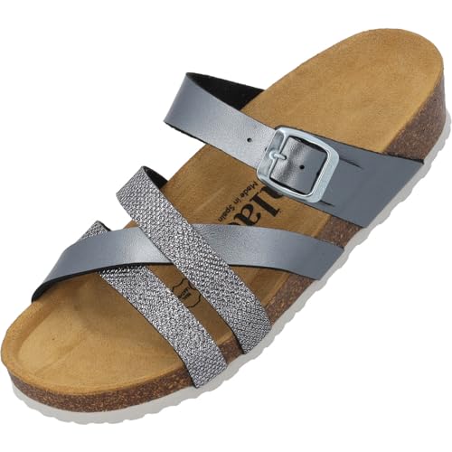 Palado Pantoletten Damen Balmur - modische Sandalen Made in Spain - Hausschuhe mit Kork-Fußbett - bequeme Sommerschuhe Anthrazit Metallic UK5,5 - EU38 von Palado