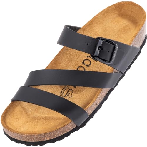 Palado Pantoletten Damen Chios - bequeme Sandalen Made in Spain - Hausschuhe mit dämpfendem Kork-Fußbett - modische Sommerschuhe Basic Schwarz Matt UK6 - EU39 von Palado