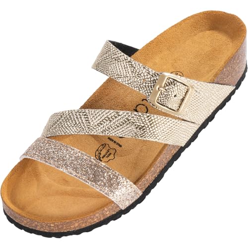 Palado Pantoletten Damen Chios - bequeme Sandalen Made in Spain - Hausschuhe mit dämpfendem Kork-Fußbett - modische Sommerschuhe Metallic Gold UK7 - EU40 von Palado