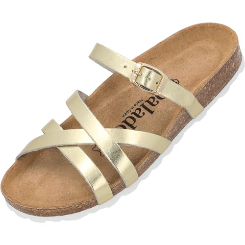Palado Pantoletten Damen Cruisi Premium Leather - bequeme Sandalen Made in Spain - Hausschuhe mit Kork-Fußbett - elegante Sommerschuhe Gold Metallic UK9 - EU42 von Palado