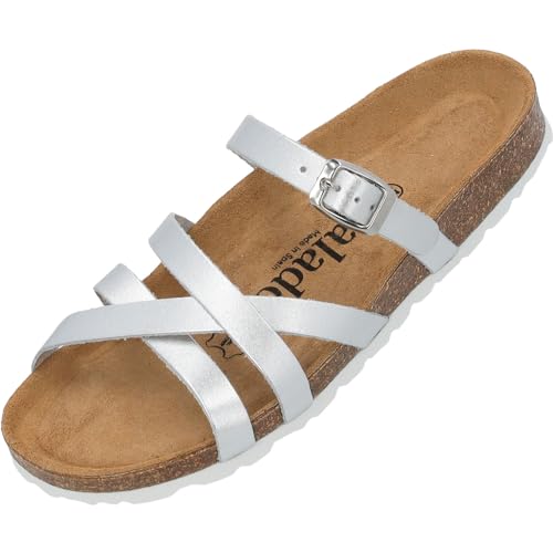 Palado Pantoletten Damen Cruisi Premium Leather - bequeme Sandalen Made in Spain - Hausschuhe mit Kork-Fußbett - elegante Sommerschuhe Silber Metallic UK4,5 - EU37 von Palado