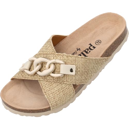 Palado Pantoletten Damen Denalia by Sila Sahin - modische Sandalen Made in Spain - bequeme Hausschuhe mit Kork-Fußbett - elegante Sommerschuhe Beige UK6 - EU39 von Palado