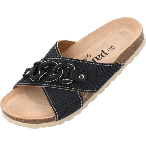 Palado Pantoletten Damen Denalia by Sila Sahin - modische Sandalen Made in Spain - bequeme Hausschuhe mit Kork-Fußbett - elegante Sommerschuhe Schwarz UK8 - EU41 von Palado