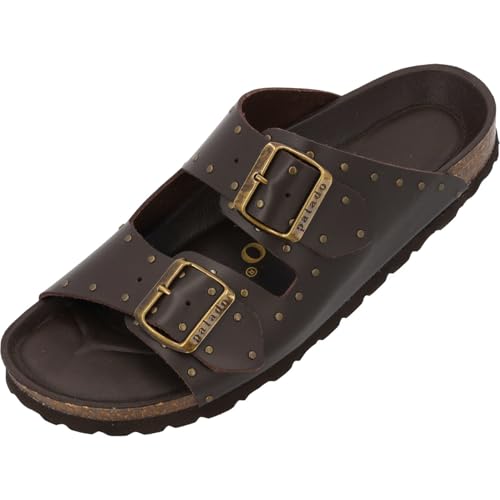 Palado Pantoletten Damen Elaha Rivet - elegante Sandalen Made in Spain - bequeme Hausschuhe mit Kork-Fußbett - modische Sommerschuhe mit Nietendetails Dunkelbraun UK7 - EU40 von Palado