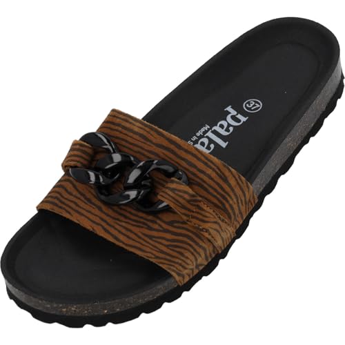 Palado Pantoletten Damen Gozo Zebra - bequeme Sandalen Made in Spain - Hausschuhe mit dämpfendem Kork-Fußbett - modische Sommerschuhe Braun UK9 - EU42 von Palado