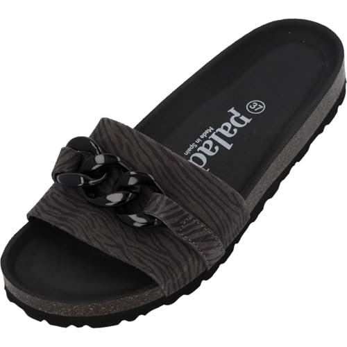 Palado Pantoletten Damen Gozo Zebra - bequeme Sandalen Made in Spain - Hausschuhe mit dämpfendem Kork-Fußbett - modische Sommerschuhe Grau UK4,5 - EU37 von Palado