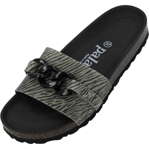 Palado Pantoletten Damen Gozo Zebra - bequeme Sandalen Made in Spain - Hausschuhe mit dämpfendem Kork-Fußbett - modische Sommerschuhe Olive UK3,5 - EU36 von Palado