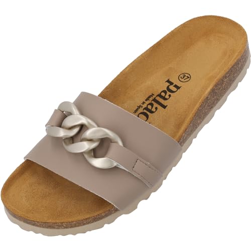 Palado Pantoletten Damen Gozo - bequeme Sandalen Made in Spain - Hausschuhe mit dämpfendem Kork-Fußbett - modische Sommerschuhe Beige UK9 - EU42 von Palado