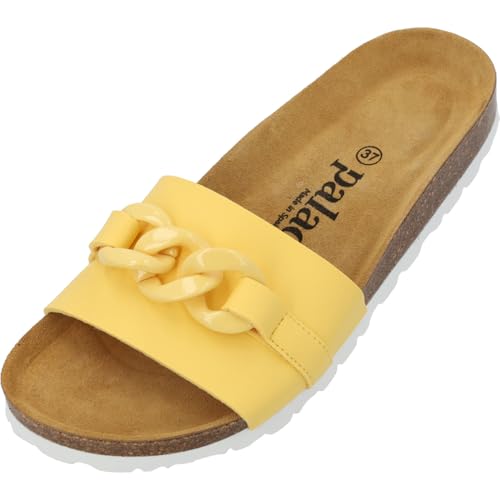 Palado Pantoletten Damen Gozo - bequeme Sandalen Made in Spain - Hausschuhe mit dämpfendem Kork-Fußbett - modische Sommerschuhe Gelb UK7 - EU40 von Palado
