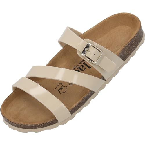 Palado Pantoletten Damen Ikaria – bequeme Sandalen Made in Spain - Hausschuhe mit dämpfendem Kork-Fußbett - modische Sommerschuhe Beige Lack/Beige UK7 - EU40 von Palado