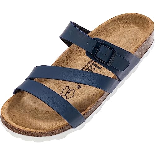 Palado Pantoletten Damen Ikaria – bequeme Sandalen Made in Spain - Hausschuhe mit dämpfendem Kork-Fußbett - modische Sommerschuhe Dunkelblau Matt UK7 - EU40 von Palado