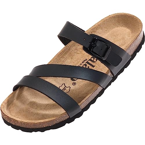 Palado Pantoletten Damen Ikaria – bequeme Sandalen Made in Spain - Hausschuhe mit dämpfendem Kork-Fußbett - modische Sommerschuhe Schwarz Matt UK6 - EU39 von Palado