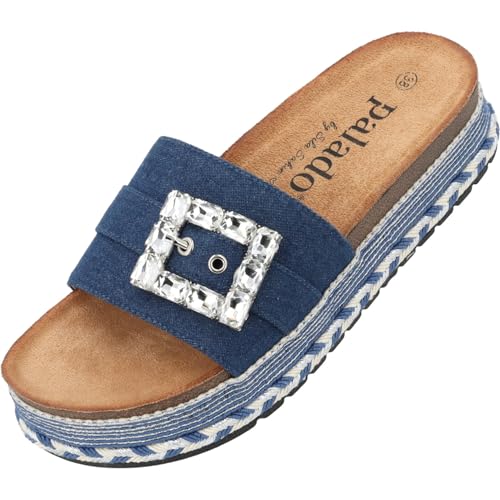 Palado Pantoletten Damen Inarona by Sila Sahin - bequeme Sandalen mit Plateau-Sohle - Hausschuhe mit Glitzerschnalle - modische Sommerschuhe Jeansblau UK8 - EU41 von Palado
