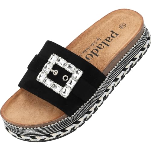 Palado Pantoletten Damen Inarona by Sila Sahin - bequeme Sandalen mit Plateau-Sohle - Hausschuhe mit Glitzerschnalle - modische Sommerschuhe Schwarz UK7 - EU40 von Palado