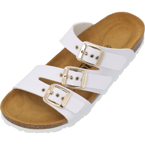 Palado Pantoletten Damen Jalexi - bequeme Sandalen Made in Spain - Hausschuhe mit dämpfendem Kork-Fußbett - modische Sommerschuhe Weiß UK8 - EU41 von Palado