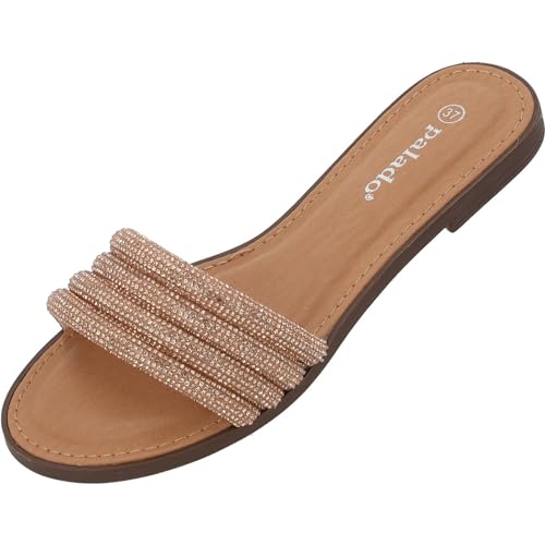Palado Pantoletten Damen Jeemi – elegante Sandalen - modische Sommerschuhe - bequeme Hausschuhe mit Strasssteinen Bronze Strass UK4,5 - EU37 von Palado