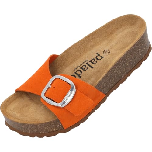Palado Pantoletten Damen Jelia PL - bequeme Sandalen Made in Spain - Hausschuhe mit dämpfendem Kork-Fußbett - modische Sommerschuhe Orange UK5,5 - EU38 von Palado