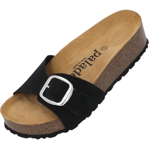 Palado Pantoletten Damen Jelia PL - bequeme Sandalen Made in Spain - Hausschuhe mit dämpfendem Kork-Fußbett - modische Sommerschuhe Schwarz UK6 - EU39 von Palado