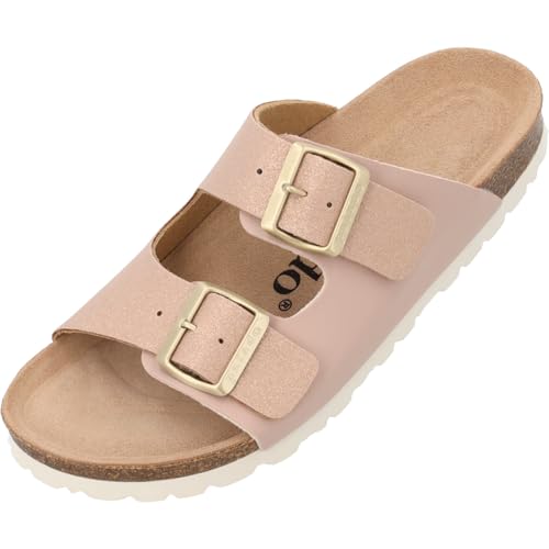 Palado Pantoletten Damen Korfu Duo – bequeme Sandalen Made in Spain - Hausschuhe mit Kork-Fußbett - modische Sommerschuhe Rose UK6 - EU39 von Palado