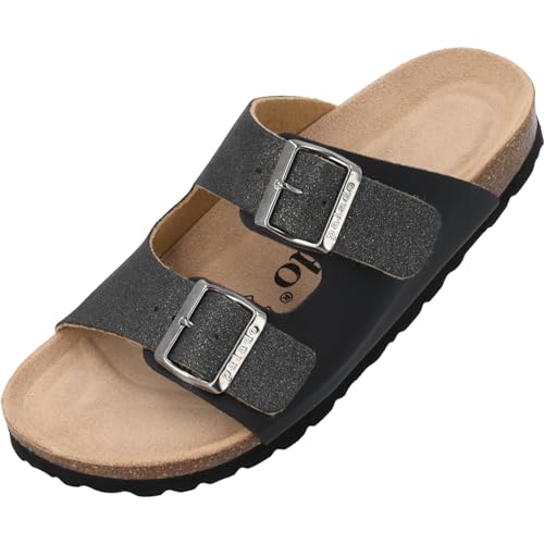 Palado Pantoletten Damen Korfu Duo – bequeme Sandalen Made in Spain - Hausschuhe mit Kork-Fußbett - modische Sommerschuhe Schwarz UK5,5 - EU38 von Palado