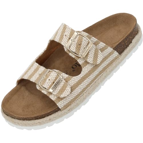 Palado Pantoletten Damen Korfu Marina – gefertigt aus langlebigem Textil-Mix – Made in Spain – zweifach verstellbare Schnallen – gepolstertes Weichfußbett – rutschfeste EVA-Sohle Beige UK4,5 - EU37 von Palado