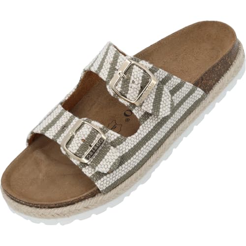 Palado Pantoletten Damen Korfu Marina – gefertigt aus langlebigem Textil-Mix – Made in Spain – zweifach verstellbare Schnallen – gepolstertes Weichfußbett – rutschfeste EVA-Sohle Grau UK5,5 - EU38 von Palado