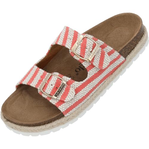 Palado Pantoletten Damen Korfu Marina – gefertigt aus langlebigem Textil-Mix – Made in Spain – zweifach verstellbare Schnallen – gepolstertes Weichfußbett – rutschfeste EVA-Sohle Rot UK6 - EU39 von Palado