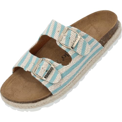Palado Pantoletten Damen Korfu Marina – gefertigt aus langlebigem Textil-Mix – Made in Spain – zweifach verstellbare Schnallen – gepolstertes Weichfußbett – rutschfeste EVA-Sohle Türkis UK6 - EU39 von Palado