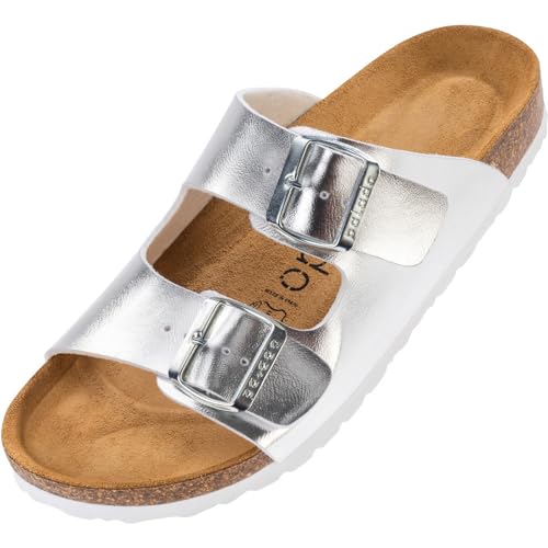 Palado Pantoletten Damen Korfu Metallic - gefertigt in Spanien - edles Metallic-Design - Veloursleder-Decksohle - ergonomisches Weichfußbett - EVA-Sohle Silber UK3,5 - EU36 von Palado