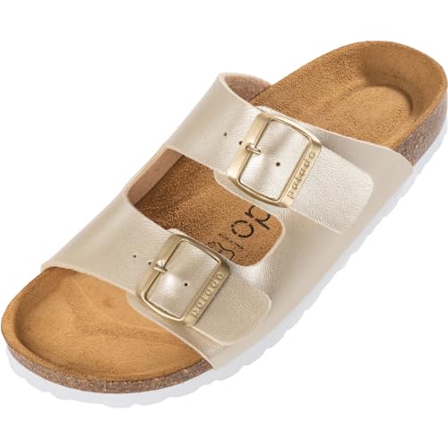 Palado Pantoletten Damen Korfu Metallic - gefertigt in Spanien - edles Metallic-Design - Veloursleder-Decksohle - ergonomisches Weichfußbett - EVA-Sohle Gold UK10 - EU44 von Palado
