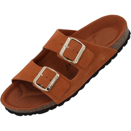 Palado Pantoletten Damen Korfu Mono - bequeme Sandalen Made in Spain - Hausschuhe mit dämpfendem Kork-Fußbett - modische Sommerschuhe Braun UK6 - EU39 von Palado