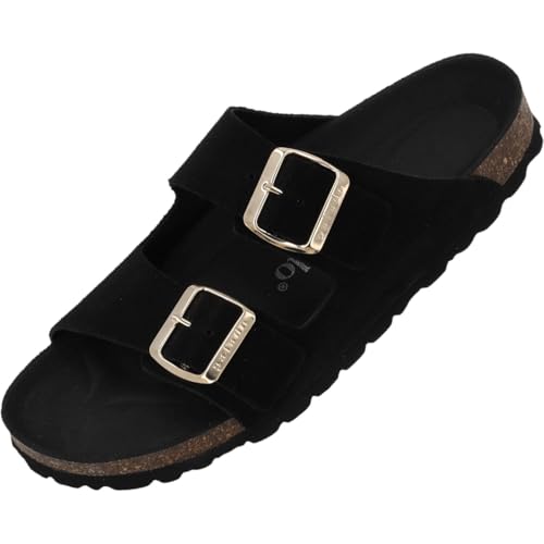 Palado Pantoletten Damen Korfu Mono - bequeme Sandalen Made in Spain - Hausschuhe mit dämpfendem Kork-Fußbett - modische Sommerschuhe Schwarz UK9 - EU42 von Palado