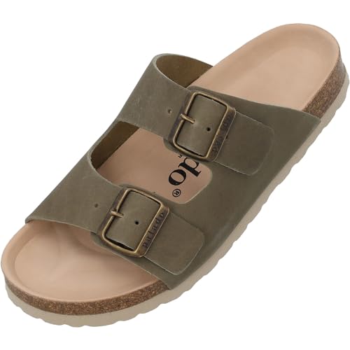 Palado Pantoletten Damen Korfu Oiled Premium Leather - modische Sandalen Made in Spain - bequeme Hausschuhe - modische Sommerschuhe Khaki UK3,5 - EU36 von Palado