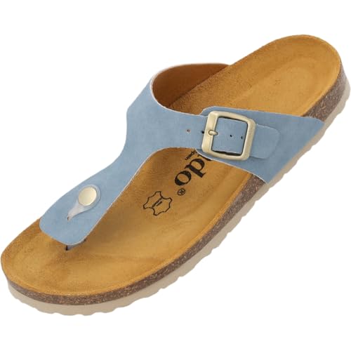 Palado Pantoletten Damen Kos Avelina - elegante Sandalen Made in Spain - bequeme Hausschuhe mit Kork-Fußbett - modische Sommerschuhe Hellblau UK5,5 - EU38 von Palado