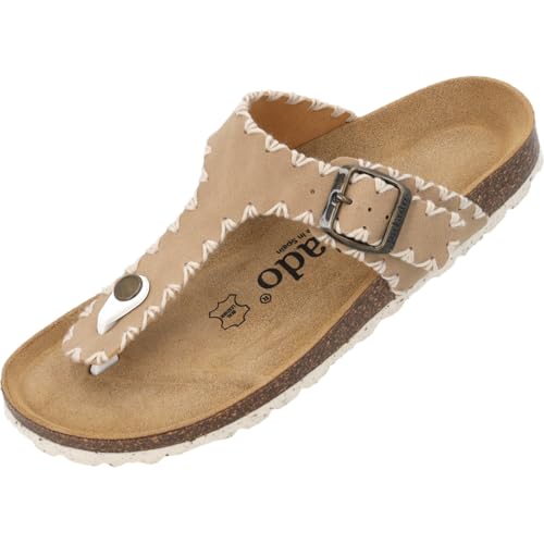 Palado Pantoletten Damen Kos Stitch - elegante Sandalen Made in Spain - bequeme Hausschuhe mit Kork-Fußbett - modische Sommerschuhe Beige UK5,5 - EU38 von Palado