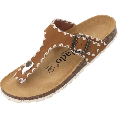 Palado Pantoletten Damen Kos Stitch - elegante Sandalen Made in Spain - bequeme Hausschuhe mit Kork-Fußbett - modische Sommerschuhe Braun UK8 - EU41 von Palado