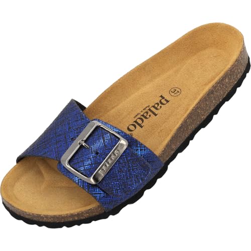 Palado Pantoletten Damen Malta EGS Artemisa - bequeme Sandalen Made in Spain - Hausschuhe mit Kork-Fußbett - modische Sommerschuhe Blau UK3,5 - EU36 von Palado