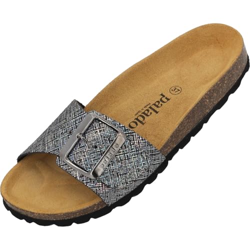 Palado Pantoletten Damen Malta EGS Artemisa - bequeme Sandalen Made in Spain - Hausschuhe mit Kork-Fußbett - modische Sommerschuhe Silber UK9,5 - EU43 von Palado