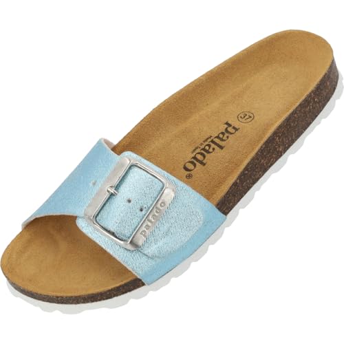 Palado Pantoletten Damen Malta EGS Gleam - bequeme Sandalen Made in Spain - Hausschuhe mit Kork-Fußbett - modische Sommerschuhe Blau UK9 - EU42 von Palado