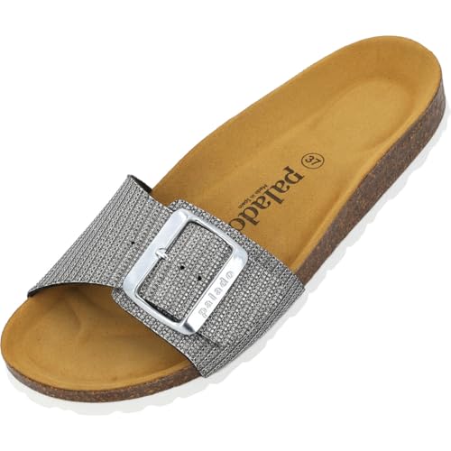 Palado Pantoletten Damen Malta EGS Glitter - elegante Sandalen Made in Spain - bequeme Hausschuhe mit Kork-Fußbett - modische Sommerschuhe Silber UK5,5 - EU38 von Palado