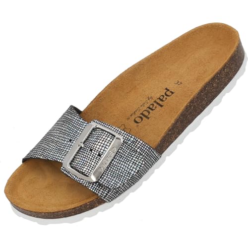 Palado Pantoletten Damen Malta EGS Grid by Sila Sahin - bequeme Sandalen Made in Spain - Hausschuhe mit Kork-Fußbett - modische Sommerschuhe Schwarz UK3,5 - EU36 von Palado